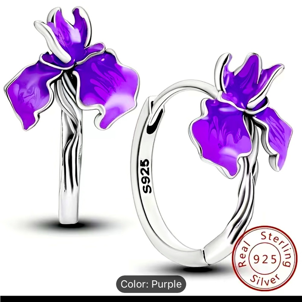 925 Sterling Silver Hoop Earrings Elegance Purple Drip Oil Iris Design